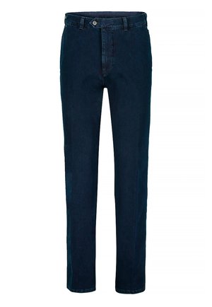Dunkelblaue Herrenjeans mit geradem Bein, Gürtelschlaufen, Knopfverschluss und Vordertaschen.