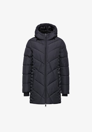 Czarna pikowana kurtka z kapturem, z zamkiem błyskawicznym, dwoma bocznymi kieszeniami oraz pikowanym wzorem w zygzak na zewnątrz.