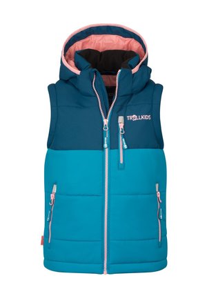 Ärmellose, gepolsterte Kinderweste in Blautönen mit pinkem Futter und Reißverschlüssen, mit Kapuze und "TROLLKIDS"-Logo auf der Brust.