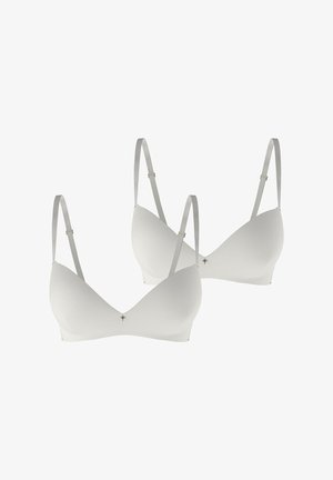 Twee zachte witte beha's met verstelbare grijze bandjes, voorzien van een v-hals ontwerp en kleine decoratieve accenten in het midden. Gladde stoftextuur.