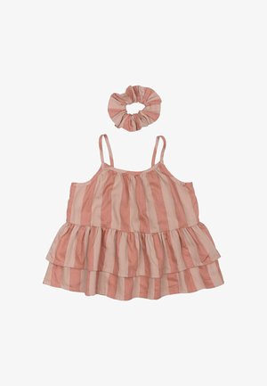 Roza in bež črtasta brezrokavna majica z nabrano obrobo in tankimi naramnicami, v kompletu z ujemajočim se skrunchijem. Bombažni material.
