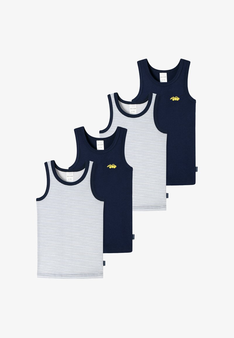 Quatre débardeurs : deux bleu marine, un bleu marine avec un logo de tracteur jaune, et un blanc avec des rayures bleu marine. Tissu doux, cols côtelés, designs variés.