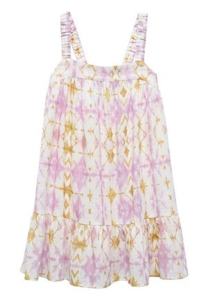 Let sommerkjole uden ærmer med pink og okker gul tie-dye mønster, firkantet udskæring og flæsekant.