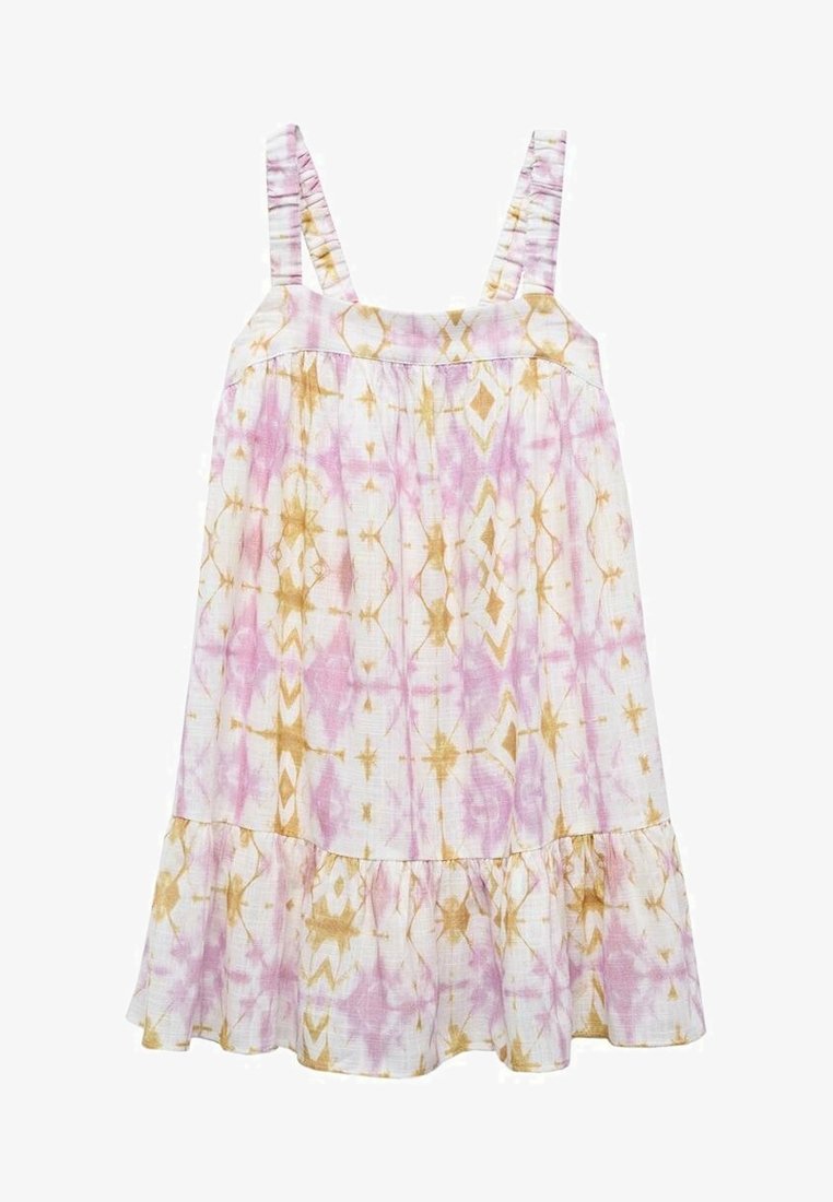 Robe d'été légère sans manches avec motif tie-dye rose et jaune moutarde, encolure carrée et ourlet à volants.
