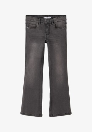 Szürke, kiterjedt farmernadrág, gombos elülső záródással, öt zsebes dizájnnal és enyhén megfakult felülettel a textúra érdekében.