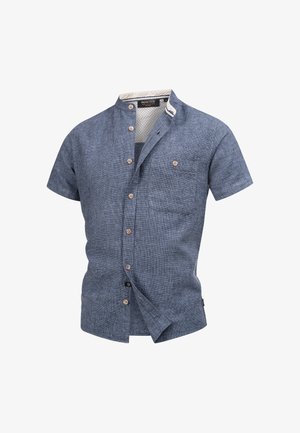Men’s short-sleeve blue textured button-up shirt with mandarin collar, chest pocket, and contrasting patterned inner collar lining.