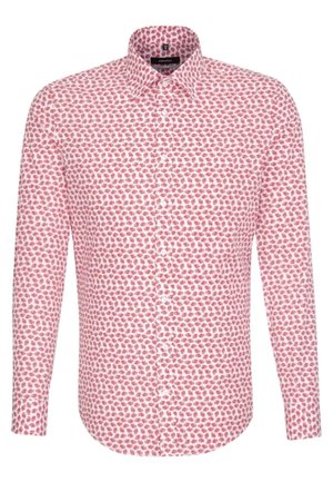 Rot-weißes Hemd mit langen Ärmeln, das ein kleines florales Muster hat und ein klassisches Kragen-Design aufweist.