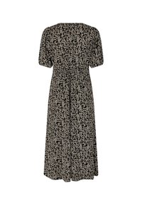 Robe noire avec manches courtes bouffantes, motif floral blanc, taille cintrée et jupe évasée atteignant le milieu du mollet. Texture de tissu doux.