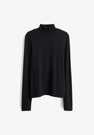 Maglione collo alto nero con maniche lunghe, realizzato in tessuto liscio ed elasticizzato. Il design presenta una vestibilità comoda e un colletto alto.
