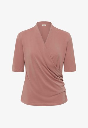 Blouse cache-cœur rose poussiéreux à manches courtes avec col en V et détail froncé sur le côté avant droit.