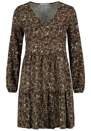 Dunkelgrünes Kleid mit langen Ärmeln, V-Ausschnitt und floralem Muster mit roten, blauen und weißen Blumen. Rüschensaum und lockere Passform.