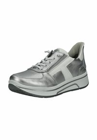 Silver athletic shoe with a textured leather upper, white accents, lace-up closure, padded collar, and a rubber outsole with grooves.