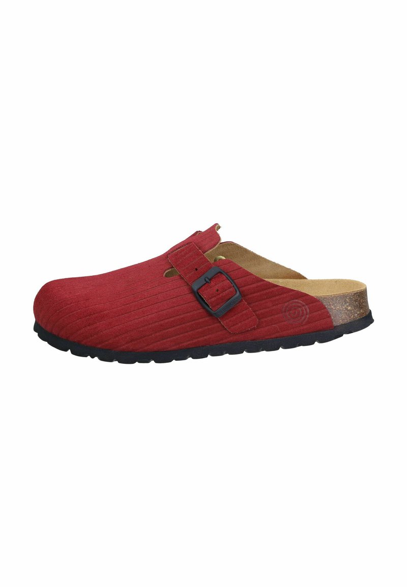 Red suede clog with a ribbed texture, adjustable black buckle, cork footbed, and black rubber sole. Open back design for easy wear.