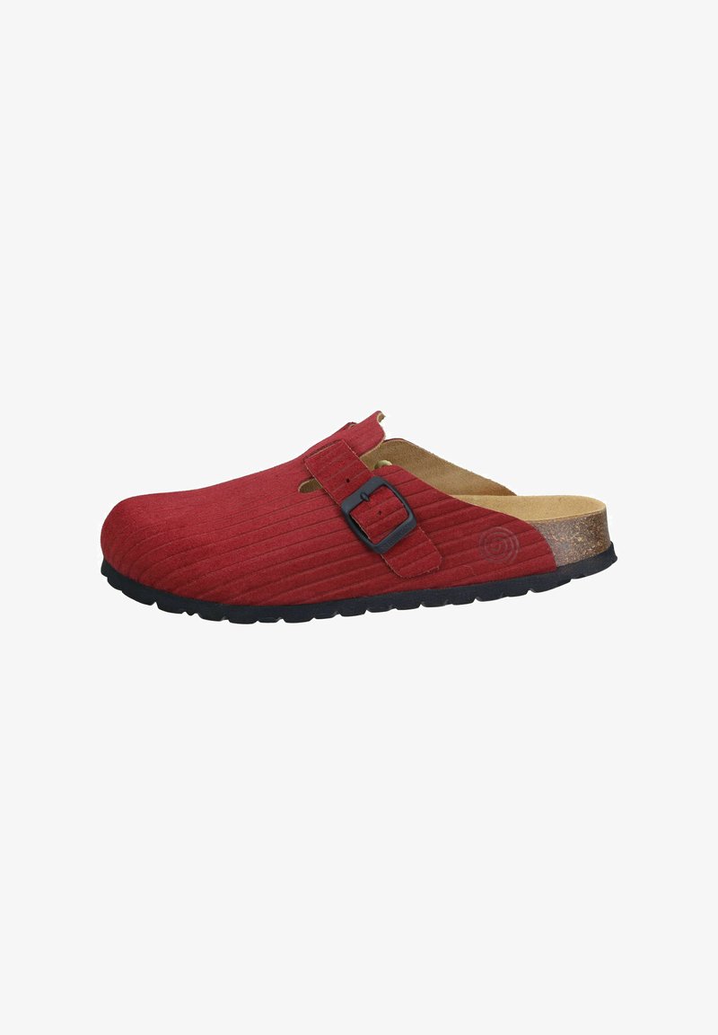Red suede clog with a ribbed texture, adjustable black buckle, cork footbed, and black rubber sole. Open back design for easy wear.