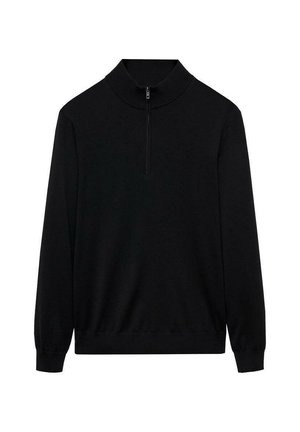 Zwarte pullover met een hoge kraag en een halve rits. Beschikt over lange mouwen en een geribbelde zoom, gemaakt van een zachte, gestructureerde stof.