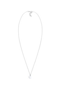 Silberne Halskette mit feiner Kette und kleinem, rundem Anhänger. Der Anhänger hat eine glatte, polierte Oberfläche und ein einfaches Design.