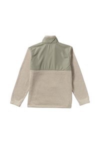 Jasnobeżowa polarowa kurtka z zielonym nylonowym górnym tyłem, wysokim kołnierzem i długimi rękawami. Gładka faktura, casualowy design i brak widocznych zapięć.