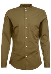 Olivgrön långärmad skjorta för män med mandarin-krage, framknapppning och bröstficka.