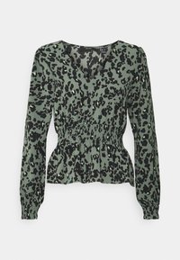 Grüne Leopardenmuster-Bluse mit langen Ärmeln, V-Ausschnitt, Peplum-Taillierung und elastischen Bündchen; aus leichtem Stoff mit glatter Textur gefertigt.