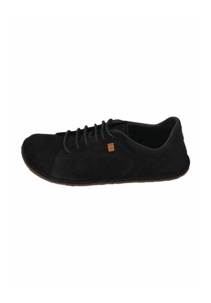 Black suede casual lace-up shoe with low profile sole and small tan leather tag on side against white background.
