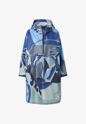 Veste de pluie imperméable bleue avec capuche, ornée d'un motif de cheval abstrait, poches avant zippées, coupe ample et longueur mi-cuisse.