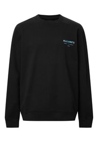 Sweatshirt noir en coton, avec un col rond et des manches longues. Il arbore un petit logo bleu "AllSaints" à l'avant.