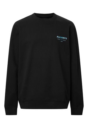 Felpa nera in cotone, con scollatura a girocollo e maniche lunghe. Presenta un piccolo logo blu "AllSaints" sulla parte anteriore.