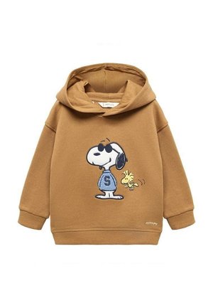 Brauner Kinderhoodie mit Snoopy, der eine Sonnenbrille und einen blauen Pullover trägt, neben ihm ein kleiner gelber Vogel.
