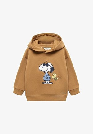 Brun børnehættetrøje med Snoopy, der bærer solbriller og en blå sweater med en lille gul fugl ved siden af.