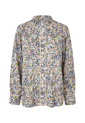 Langärmliges Hemd mit floralem Muster in Hellblau, Braun und Gelb. Ausgestattet mit Kragen und durchgehendem Knopfverschluss. Weiche Stofftextur.