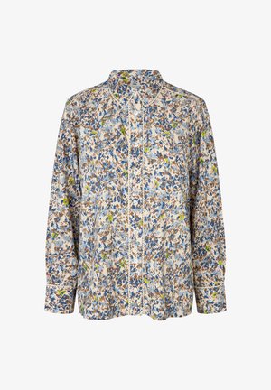 Langärmliges Hemd mit floralem Muster in Hellblau, Braun und Gelb. Ausgestattet mit Kragen und durchgehendem Knopfverschluss. Weiche Stofftextur.