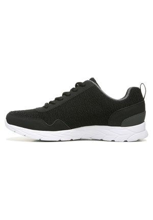 Black athletic shoe with a textured upper, smooth accents, lace-up design, and a white rubber sole featuring a wavy pattern.