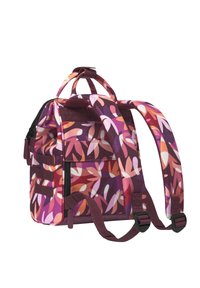 Backpack with multicolored floral pattern in shades of purple, pink, and orange. Made from durable fabric, features adjustable straps and side pockets.