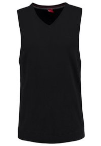 Pull sans manches noir à col en V, fabriqué en tissu doux, avec un ourlet côtelé et un logo discret sur le devant. Design simple et classique.