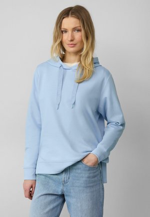 Hellblaue Kapuzenjacke mit Kordelzügen, langen Ärmeln und lockerer Passform. Glattes Material und dezentes Logo-Detail an den Kordelzügen.