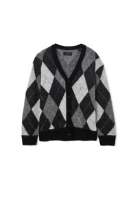 Cardigan à motif argyle noir et gris, fabriqué en matériau doux, présentant un décolleté en V profond, une fermeture à bouton et des poignets et un ourlet côtelés.
