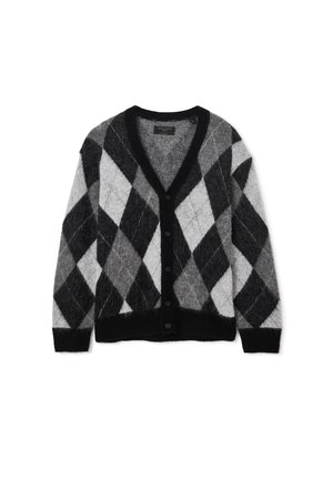 Black and grey argyle patterned cardigan, made of soft material, featuring a deep V-neck, button closure, and ribbed cuffs and hem.