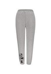 Graue Sweatpants mit elastischem Bund und einem schwarzen Minnie-Maus-Motiv am unteren linken Bein. Hergestellt aus weichem, bequemem Stoff.