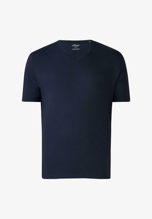 Granatowa koszulka z krótkim rękawem i dekoltem w serek, wykonana w 100% z bawełny. Gładka faktura i dopasowany krój. Prosty wzór, bez dekoracji ani dodatkowych akcentów.