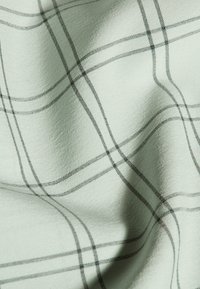 Tessuto verde chiaro con un sottile motivo a quadri in nero e grigio. Texture liscia con una leggera lucentezza, che mette in risalto drappeggi piegati.