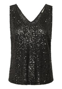 Top de tirantes negro con lentejuelas, que presenta un escote en V y un diseño sin mangas, cubierto de lentejuelas reflectantes para mayor textura y brillo.
