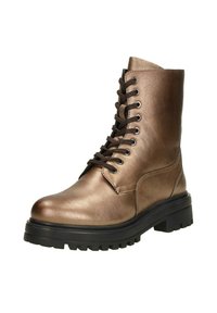 Metallische bronzen veterschoenen tot de enkel met een ronde neus, bovenwerk van gestructureerd leer, zwarte rubberen zool en een opvallend profiel.