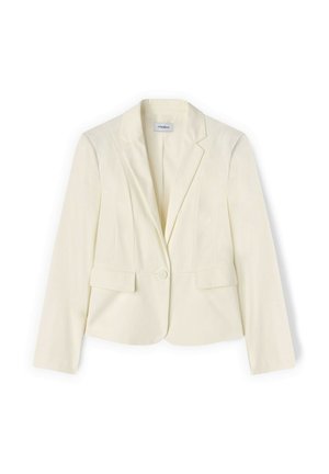 Kermanvärinen naisten bleiser, jossa pitkät hihat, yksinappinen kiinnitys, lovireunaiset kaulukset ja kaksi etutaskua, joissa läppä.