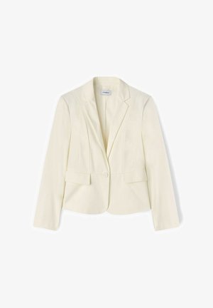 Kermanvärinen naisten bleiser, jossa pitkät hihat, yksinappinen kiinnitys, lovireunaiset kaulukset ja kaksi etutaskua, joissa läppä.