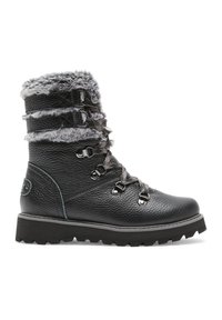 Botas de cuero negro hasta la rodilla con ribete de piel sintética, diseño de cordones y superficie texturizada. Presentan ojales de metal y una suela resistente.