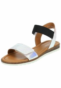 Vlakke sandaal met een metallic iriserende band en een zwarte elastische band. Beschikt over een gladde bruine voetbed en een witte rubberen zool.