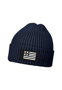 Navy knitted beanie with a ribbed texture, featuring a rectangular black patch displaying a white graphic of stripes and crosses.