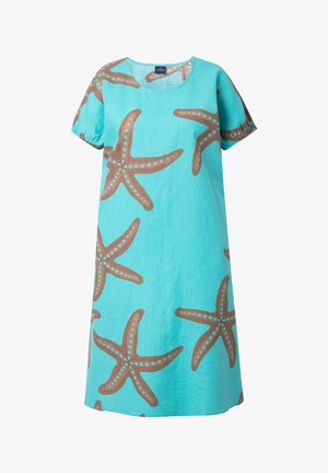Turkise kjole med løs pasform, rund halsudskæring og korte ærmer. Har store brune søstarteknister i mønsteret med kontrasterende prikker over hele.