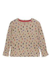 Beige ribbelshirt met lange mouwen, met willekeurig verspreide abstracte vormen en patronen in rood, paars, zwart en oranje.