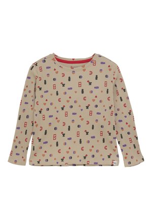 Beige Langarmshirt mit Rippstruktur, das gleichmäßig verteilte abstrakte Formen und Muster in Rot, Lila, Schwarz und Orange aufweist.